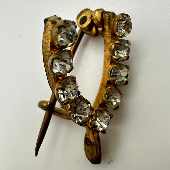 Antique Victorian gold gilt clear glass paste rhinestones dainty wishbone brooch - Picture 4 of 8